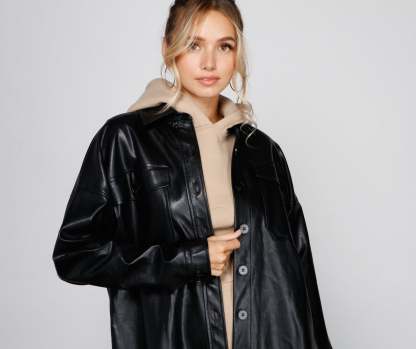 Essential Faux Leather Long Shacket - Lady Occasions