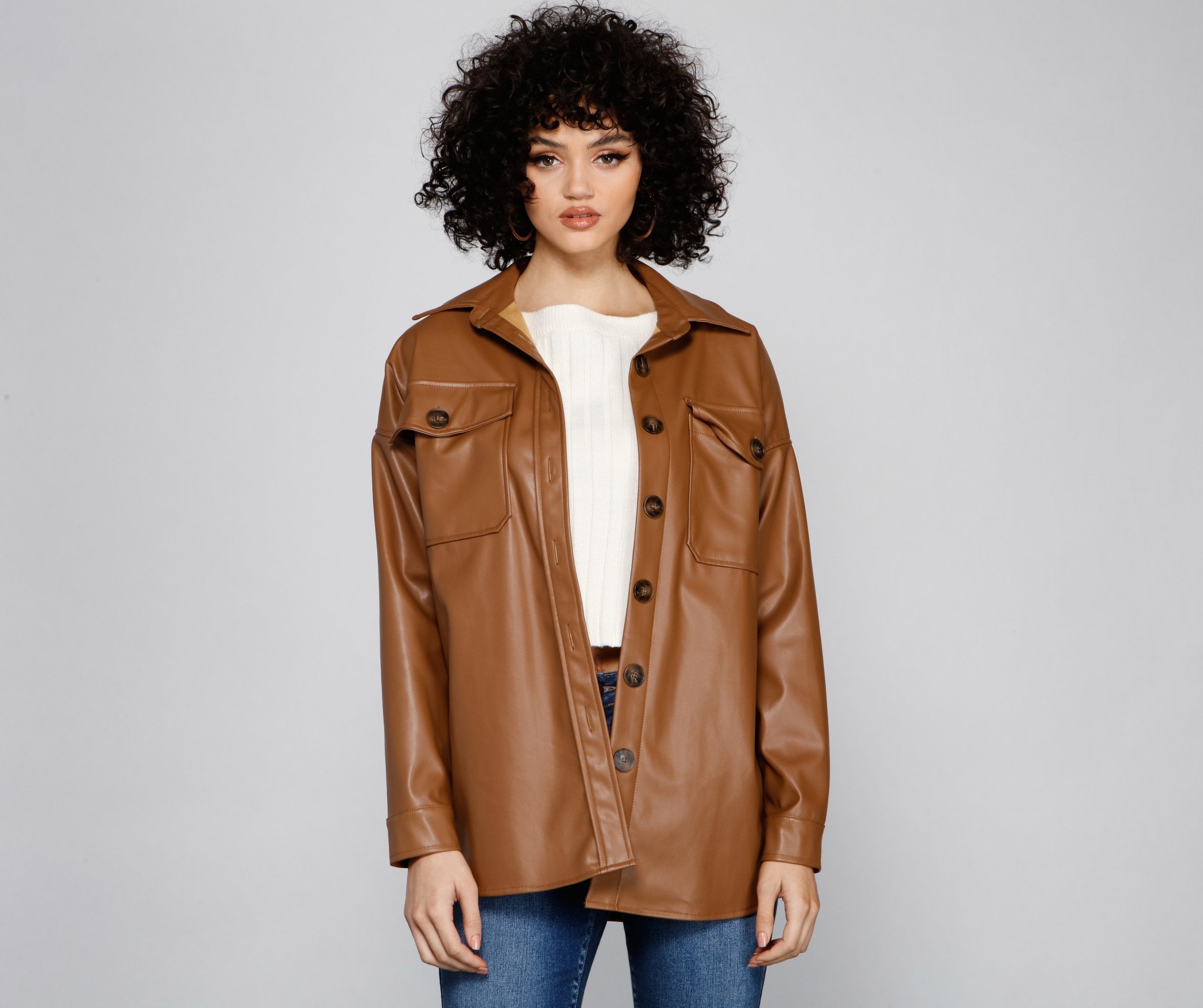 Essential Faux Leather Long Shacket - Lady Occasions