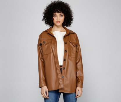 Essential Faux Leather Long Shacket - Lady Occasions