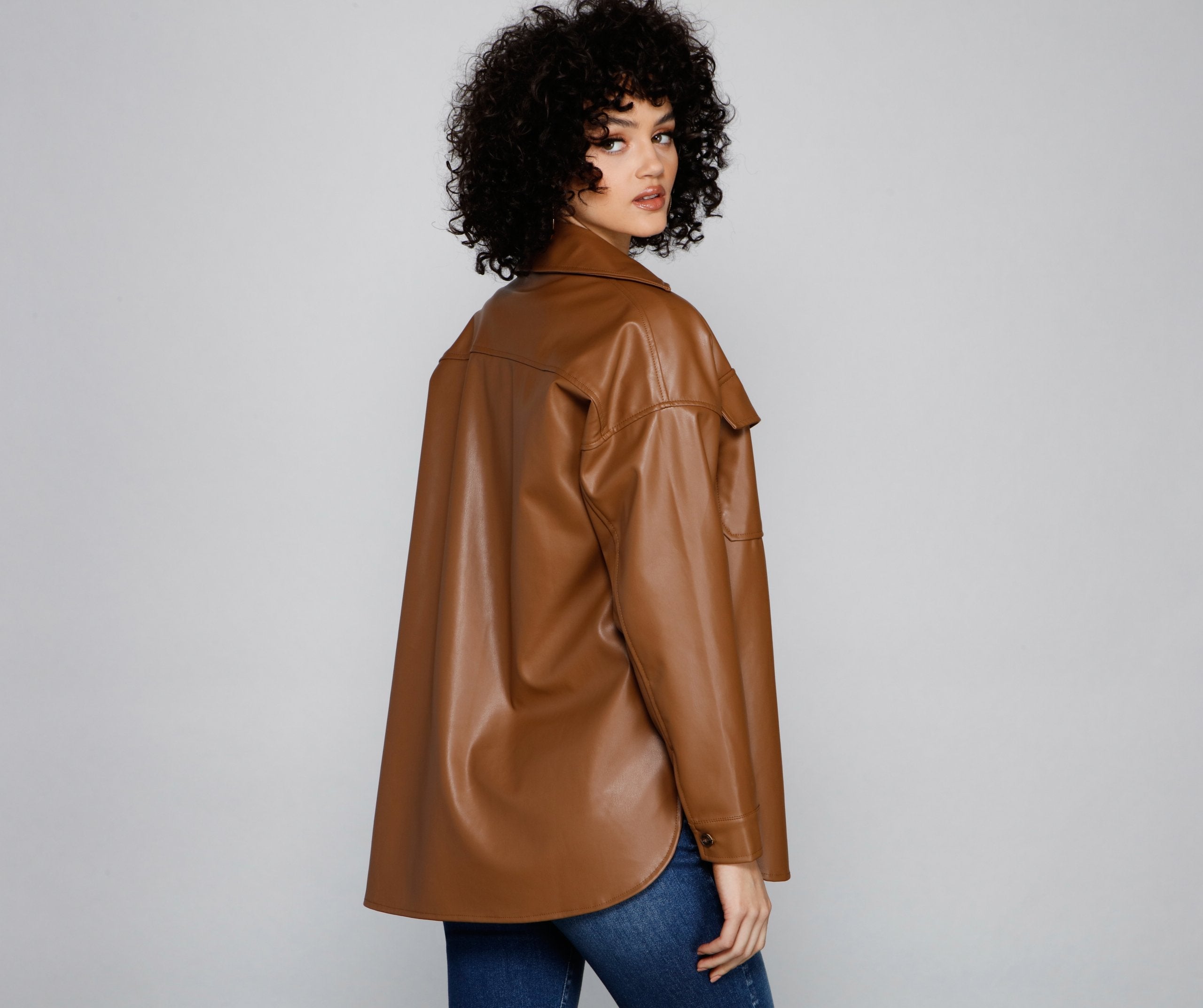 Essential Faux Leather Long Shacket - Lady Occasions
