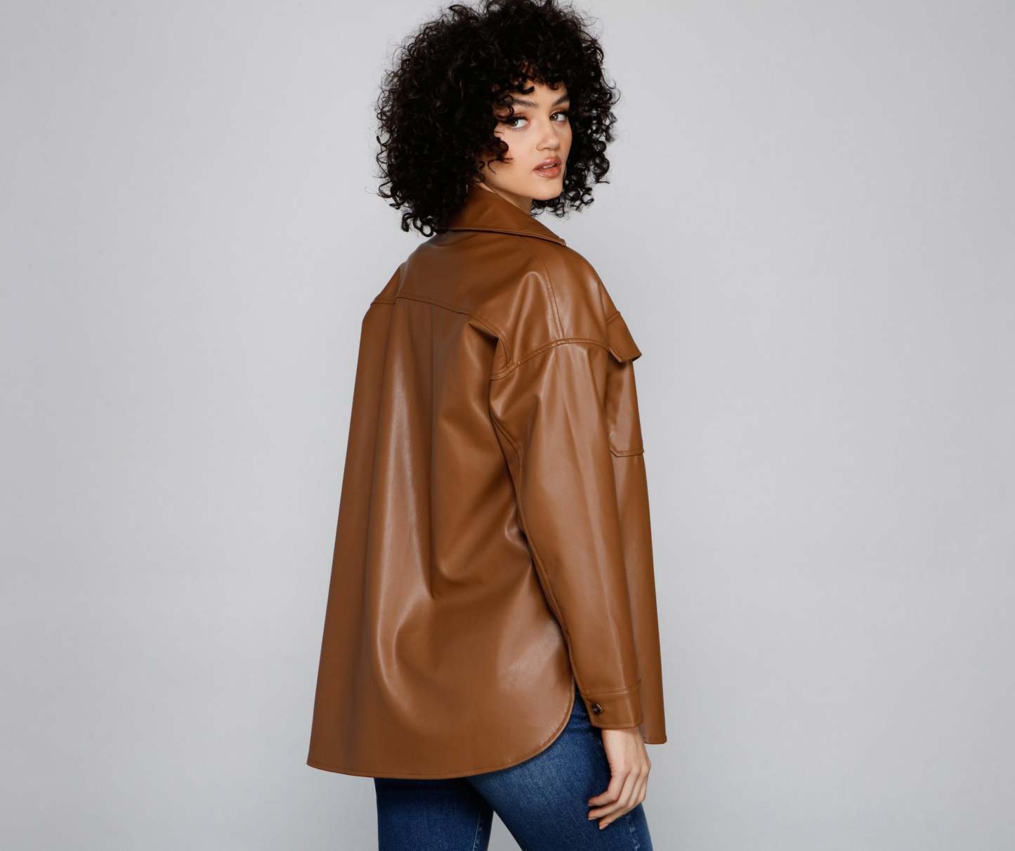 Essential Faux Leather Long Shacket - Lady Occasions