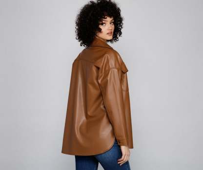 Essential Faux Leather Long Shacket - Lady Occasions
