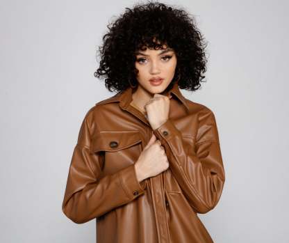 Essential Faux Leather Long Shacket - Lady Occasions