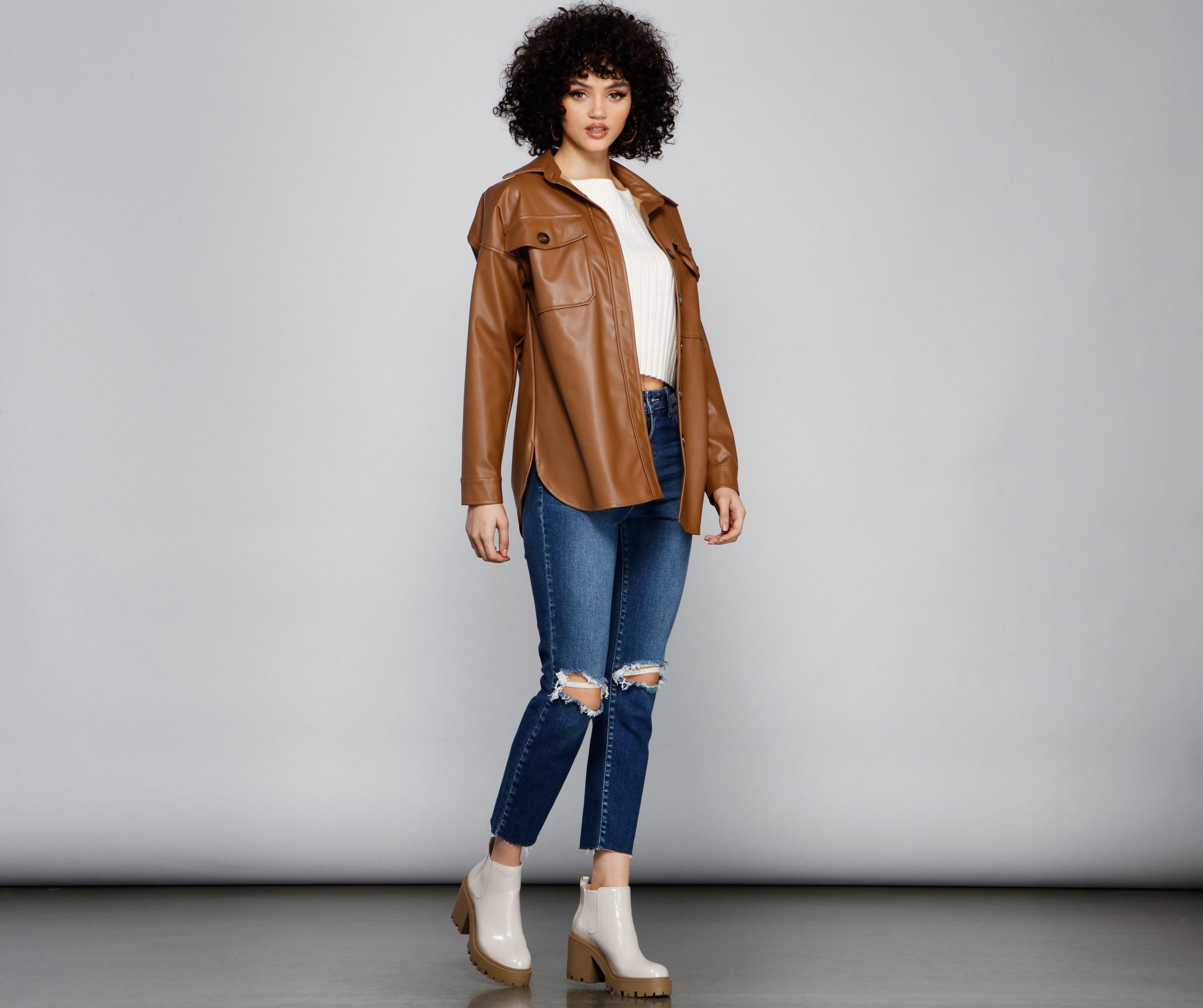 Essential Faux Leather Long Shacket - Lady Occasions