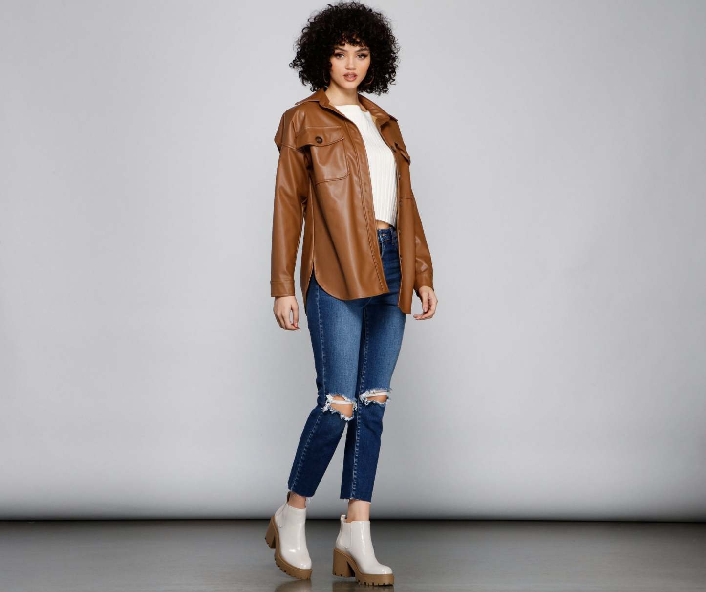 Essential Faux Leather Long Shacket - Lady Occasions