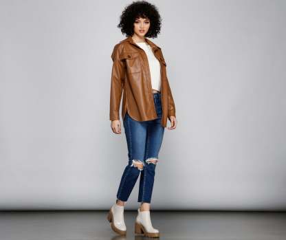 Essential Faux Leather Long Shacket - Lady Occasions