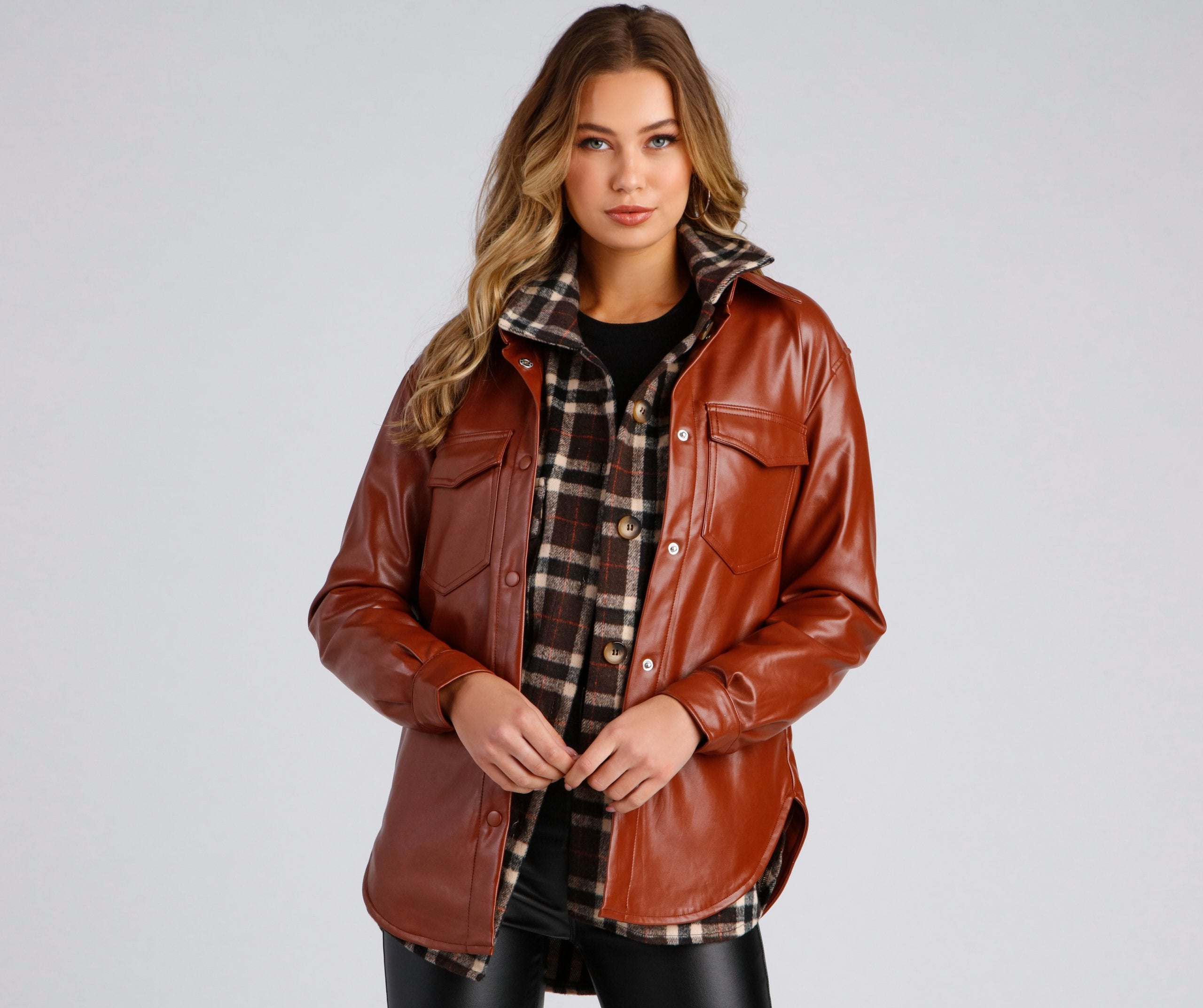 Casual-Chic Mood Faux Leather Shacket - Lady Occasions