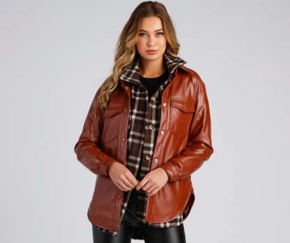 Casual-Chic Mood Faux Leather Shacket - Lady Occasions