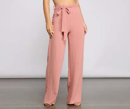 High Waist Tie Waist Linen Pants - Lady Occasions