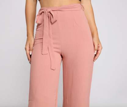 High Waist Tie Waist Linen Pants - Lady Occasions
