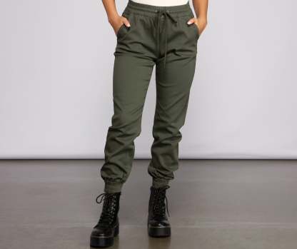 Basic High Waist Twill Joggers - Lady Occasions