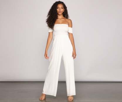 Vacay Bound Off The Shoulder Smocked Jumpsuit - Lady Occasions