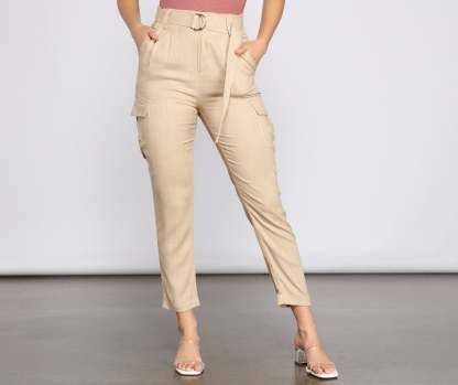 High Waist Linen Cargo Pants - Lady Occasions