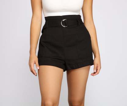 High-Rise Belted Twill Shorts - Lady Occasions