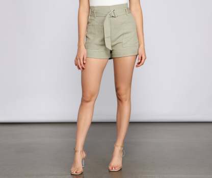 High-Rise Belted Twill Shorts - Lady Occasions