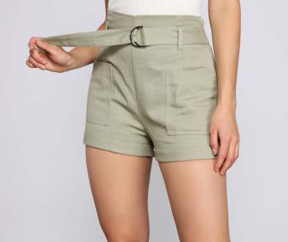 High-Rise Belted Twill Shorts - Lady Occasions