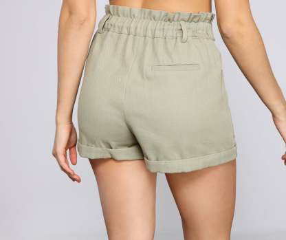 High-Rise Belted Twill Shorts - Lady Occasions
