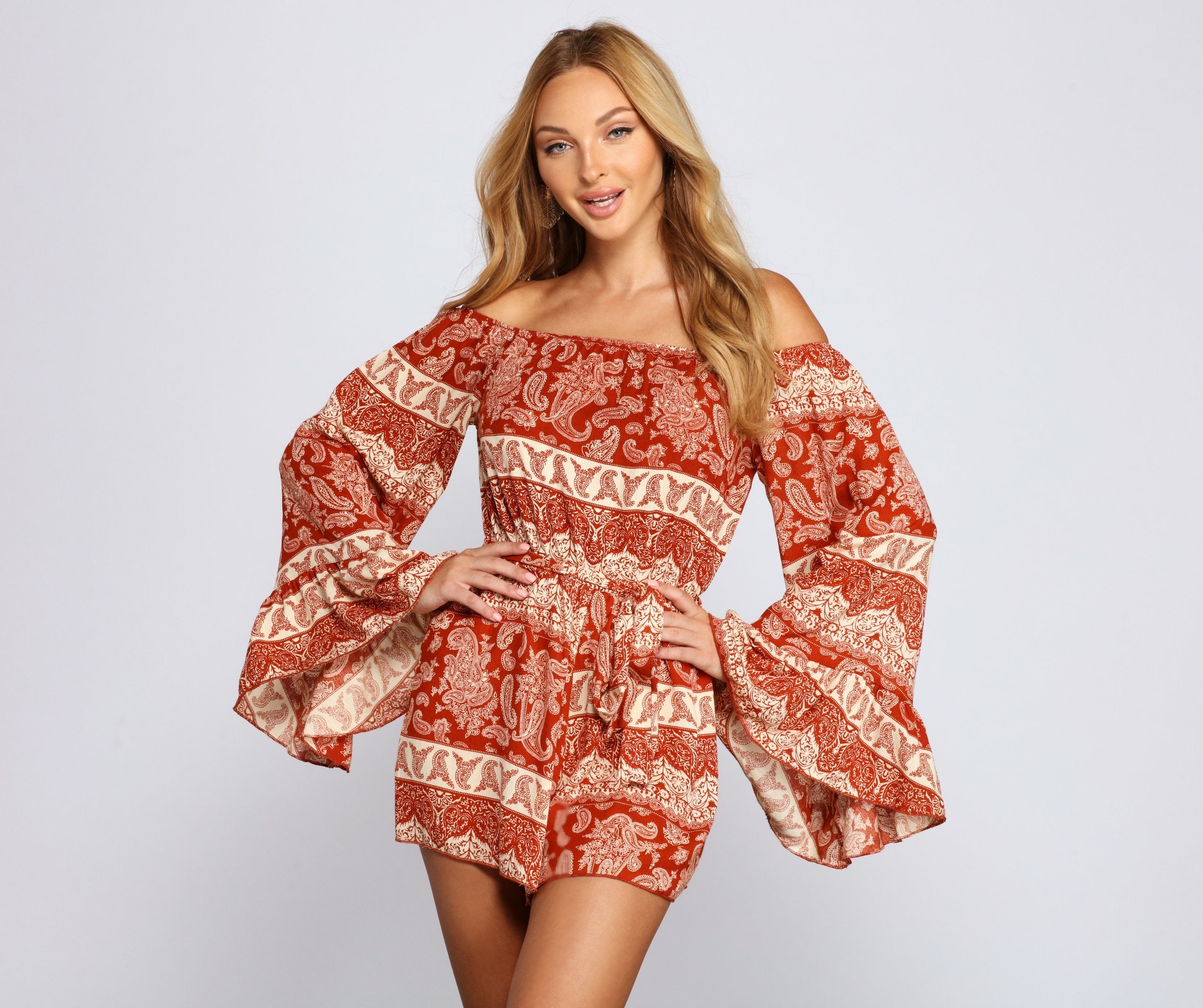 Off The Shoulder Paisley Perfection Romper - Lady Occasions