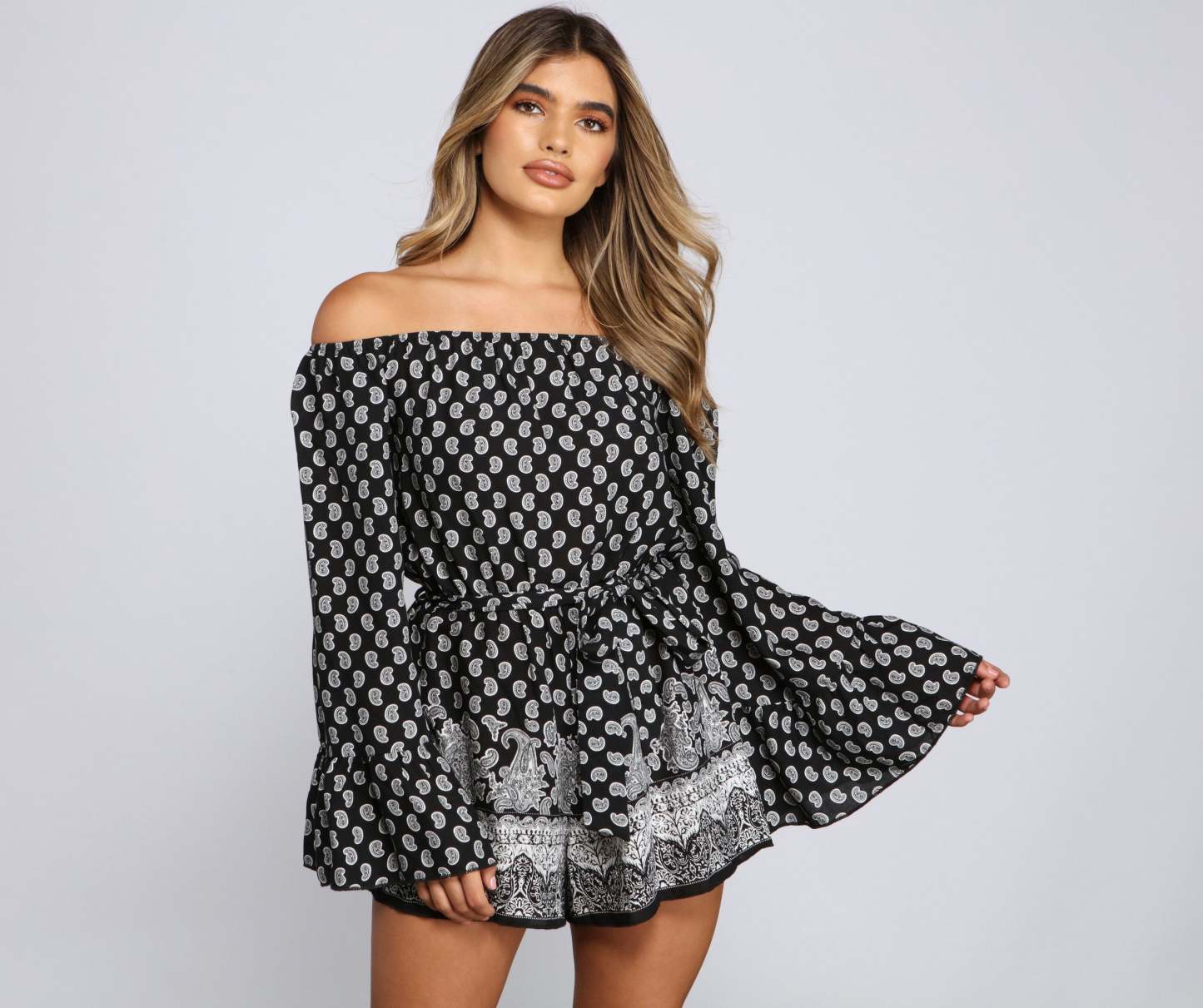 Off The Shoulder Paisley Perfection Romper - Lady Occasions
