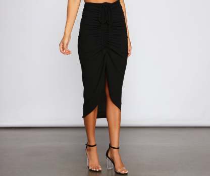 High Rise Drama Ruched Midi Skirt - Lady Occasions