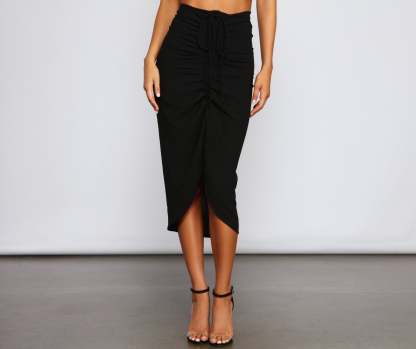 High Rise Drama Ruched Midi Skirt - Lady Occasions