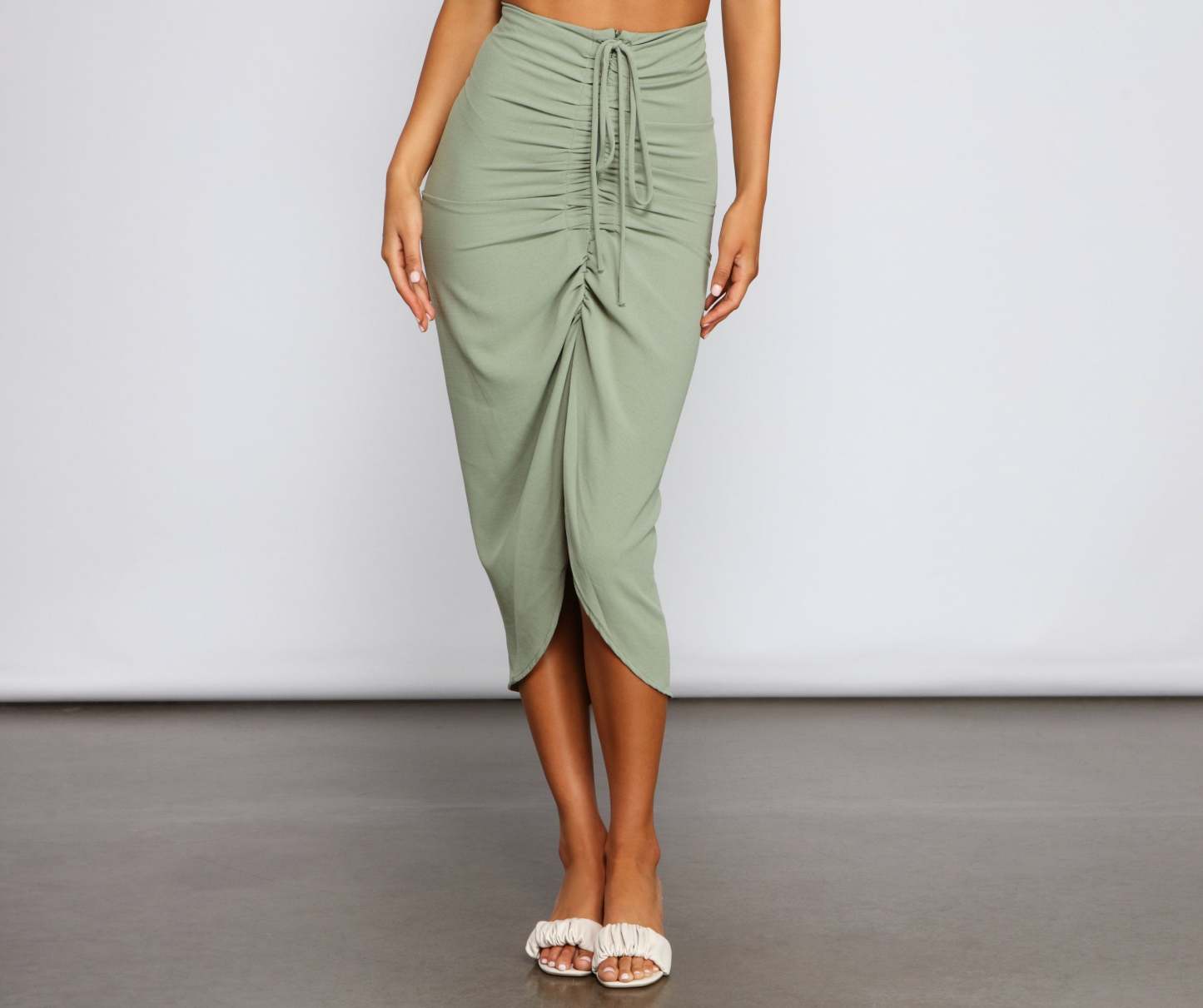 High Rise Drama Ruched Midi Skirt - Lady Occasions
