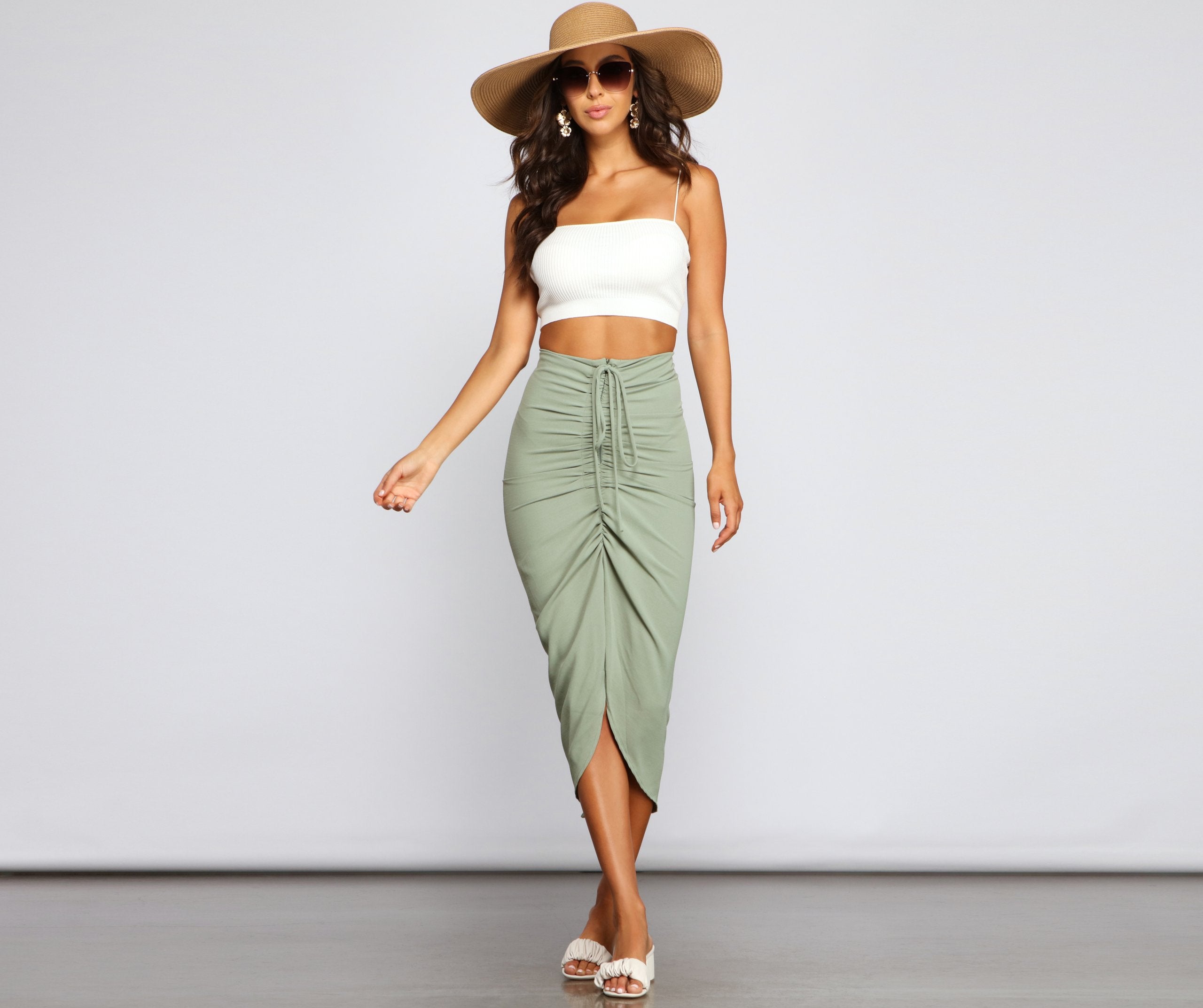 High Rise Drama Ruched Midi Skirt - Lady Occasions