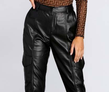 Faux Leather Cargo Joggers - Lady Occasions