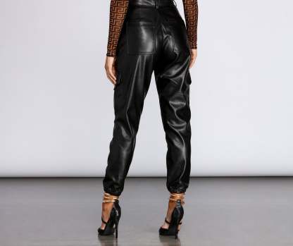 Faux Leather Cargo Joggers - Lady Occasions