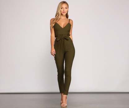 Stylish And Tapered Tie Waist Jumpsuit - Lady Occasions