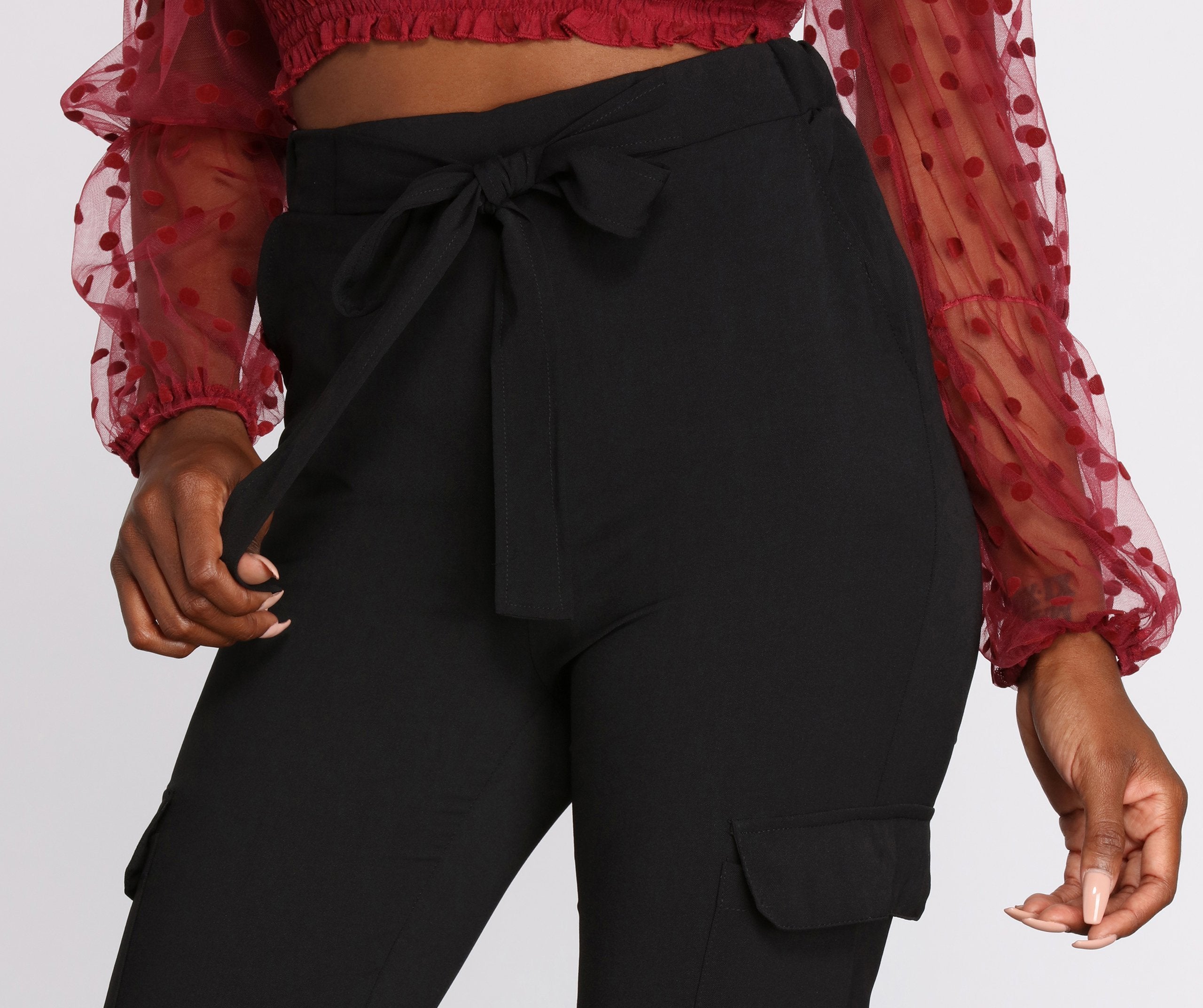 High Rise Tie Waist Tapered Pants - Lady Occasions