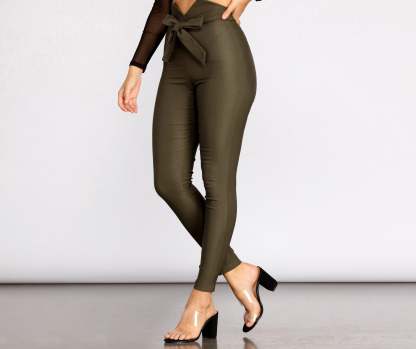 High Waist Tie Front Skinny Pants - Lady Occasions