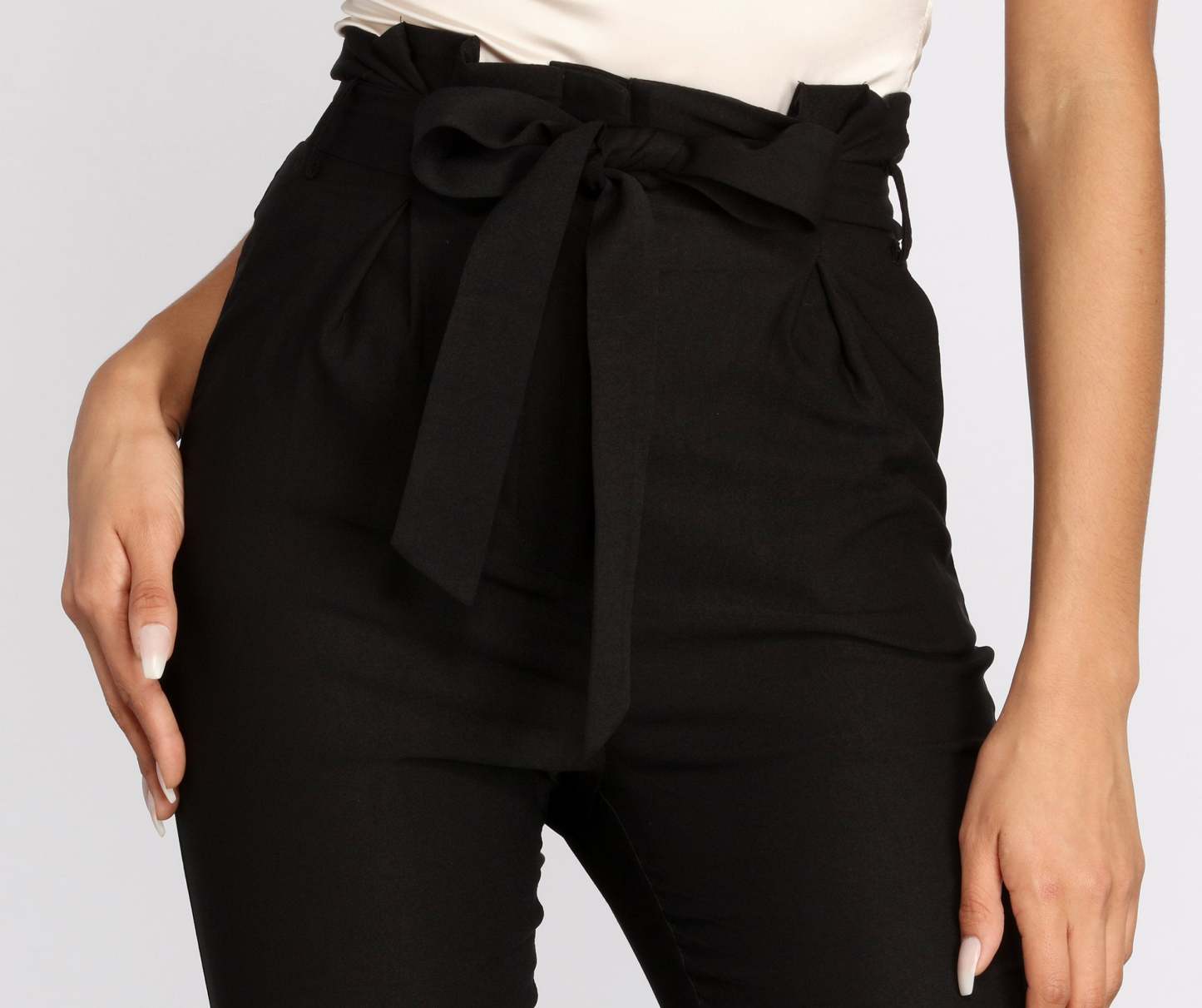 High Rise Tie Front Paper Bag Skinny Pants - Lady Occasions