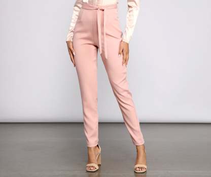 High Rise Tie Waist Tapered Pants - Lady Occasions