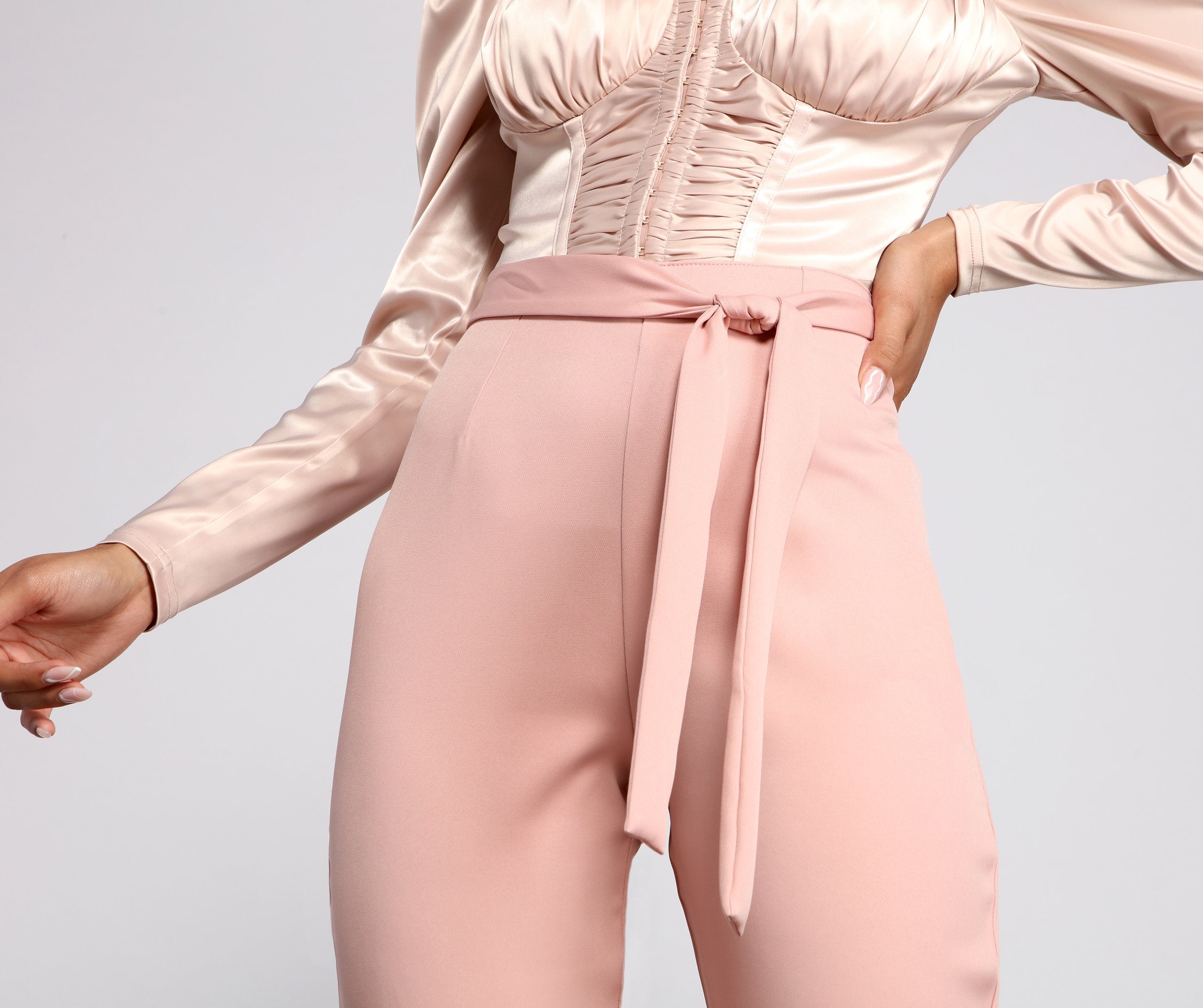 High Rise Tie Waist Tapered Pants - Lady Occasions