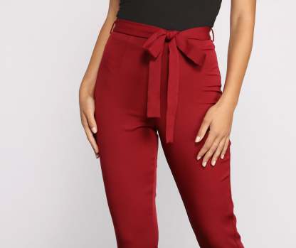 High Rise Tie Waist Tapered Pants - Lady Occasions