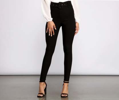 High Waist Belted Skinny Pants - Lady Occasions