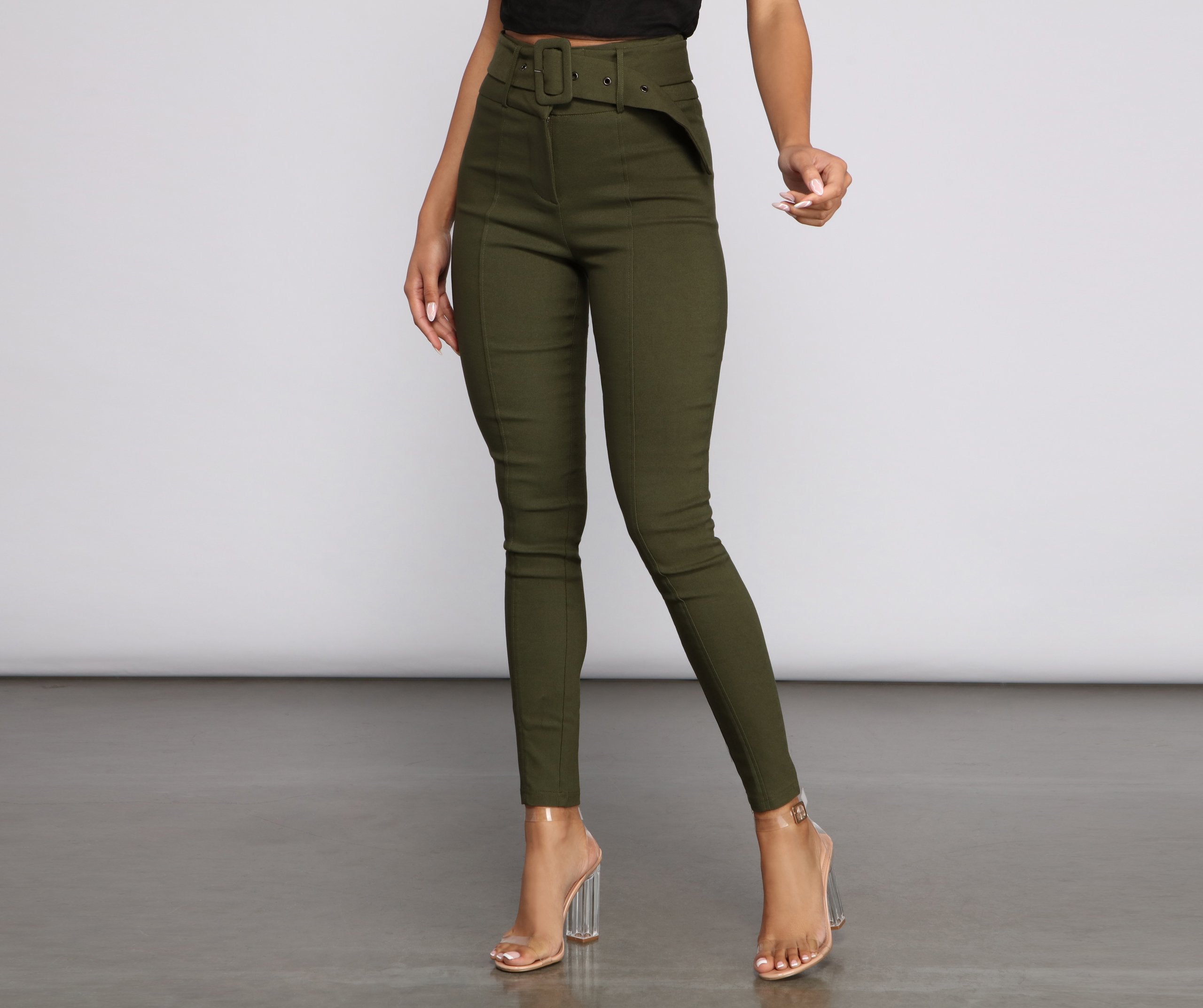 High Waist Belted Skinny Pants - Lady Occasions