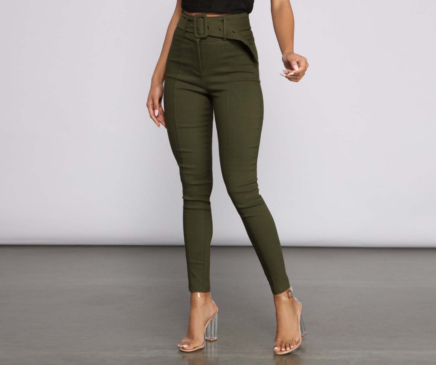 High Waist Belted Skinny Pants - Lady Occasions