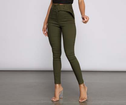 High Waist Belted Skinny Pants - Lady Occasions