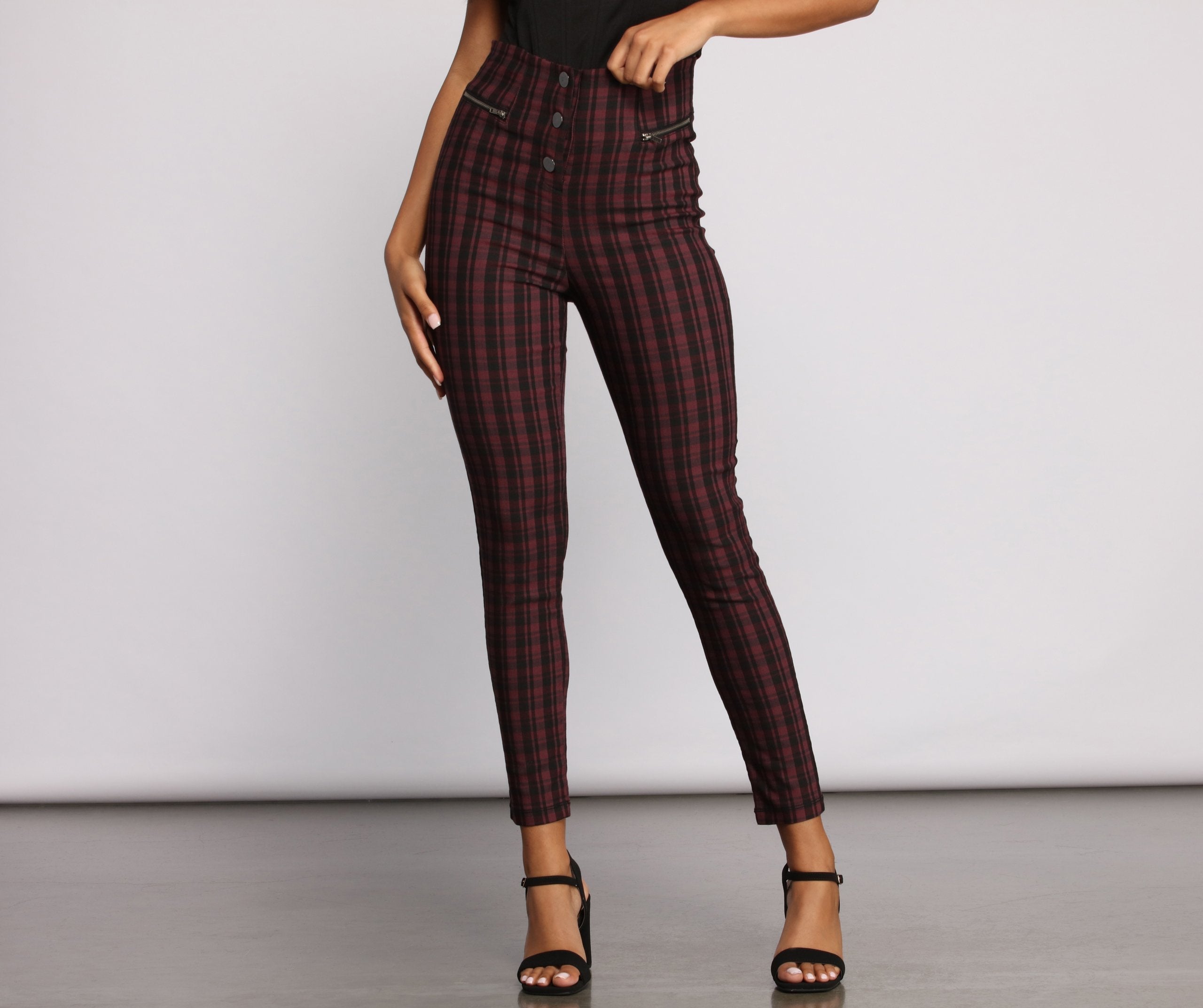 High Waist Snap Front Plaid Skinny Pants - Lady Occasions