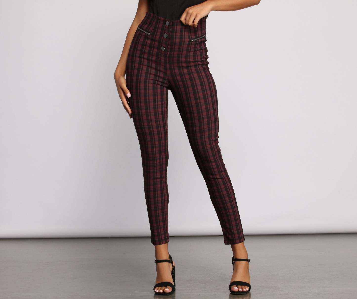 High Waist Snap Front Plaid Skinny Pants - Lady Occasions