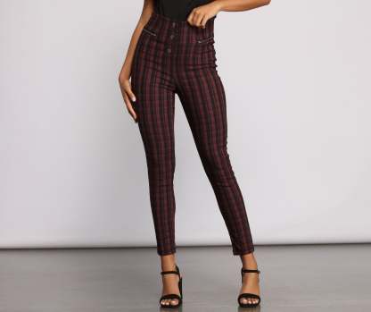 High Waist Snap Front Plaid Skinny Pants - Lady Occasions