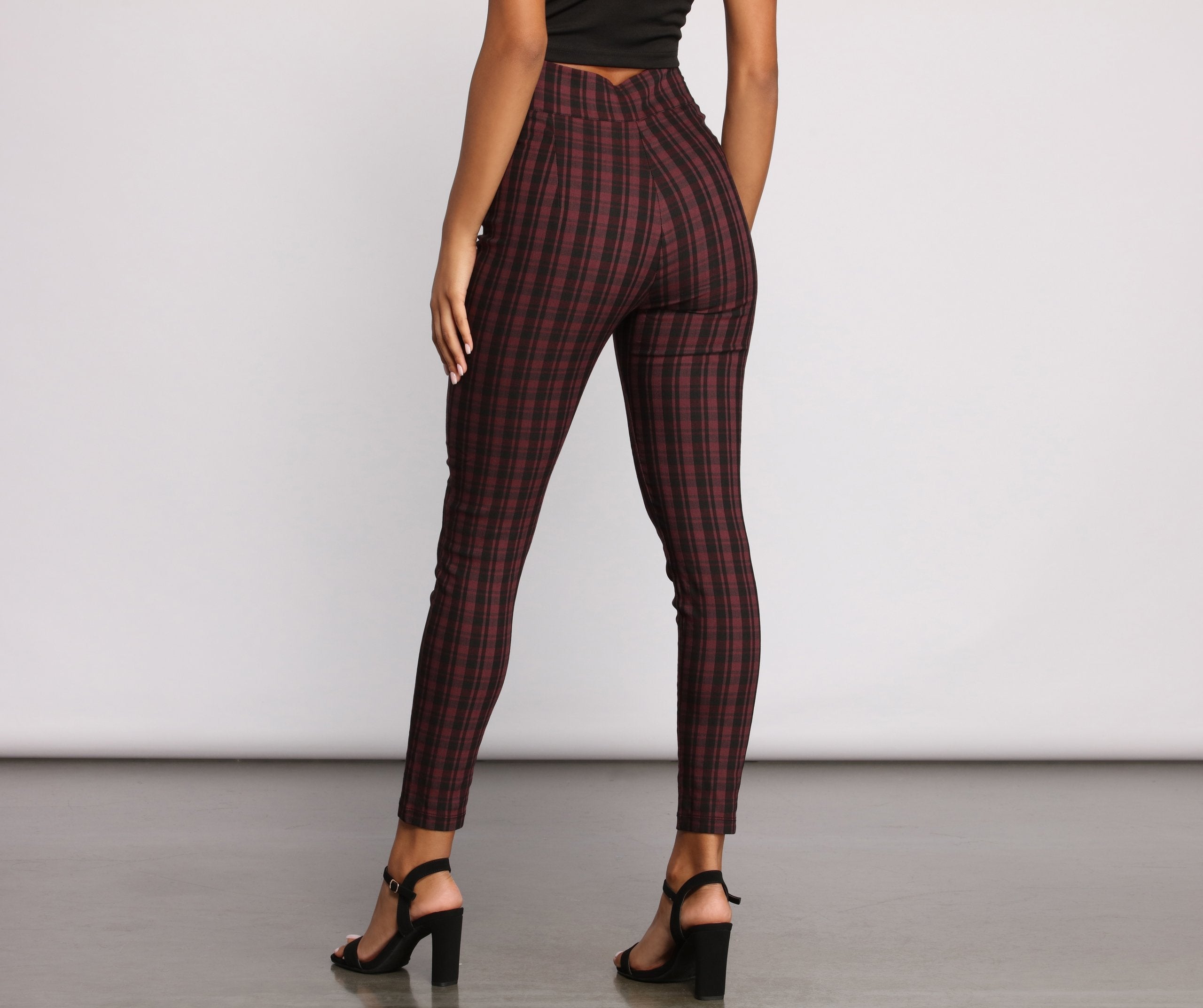 High Waist Snap Front Plaid Skinny Pants - Lady Occasions