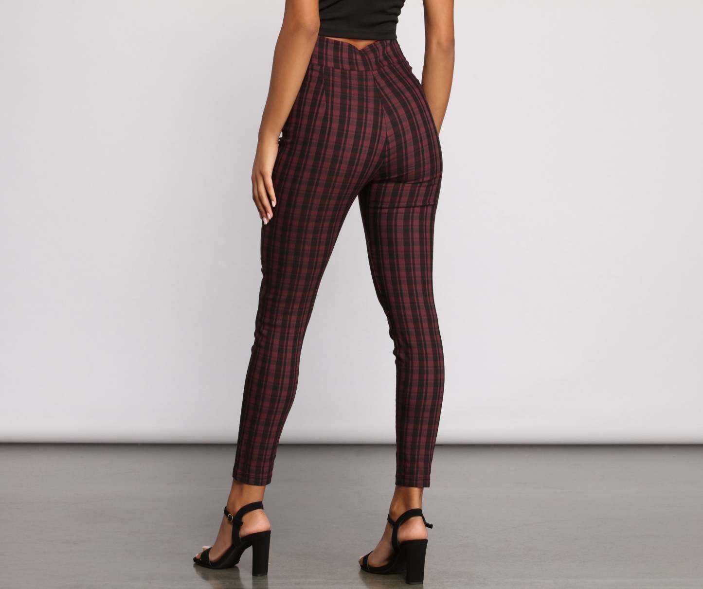 High Waist Snap Front Plaid Skinny Pants - Lady Occasions