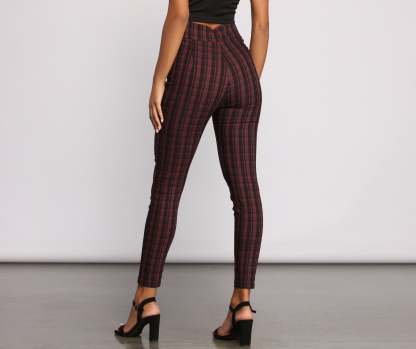 High Waist Snap Front Plaid Skinny Pants - Lady Occasions