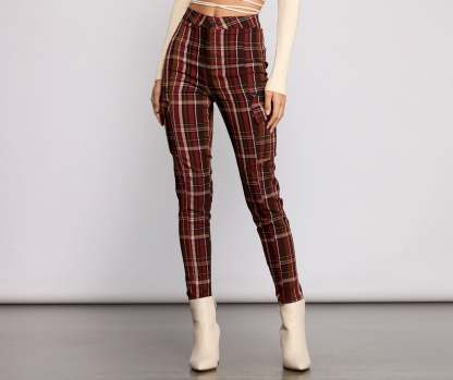High Waist Plaid Cargo Skinny Pants - Lady Occasions