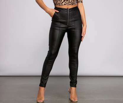 High Waist Coated Faux Leather Skinny Pants - Lady Occasions
