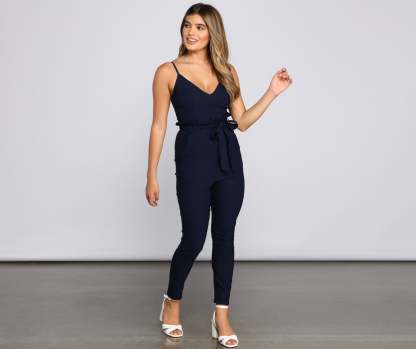 Stylish And Tapered Tie Waist Jumpsuit - Lady Occasions