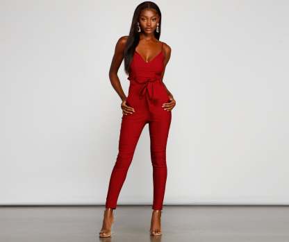 Stylish And Tapered Tie Waist Jumpsuit - Lady Occasions